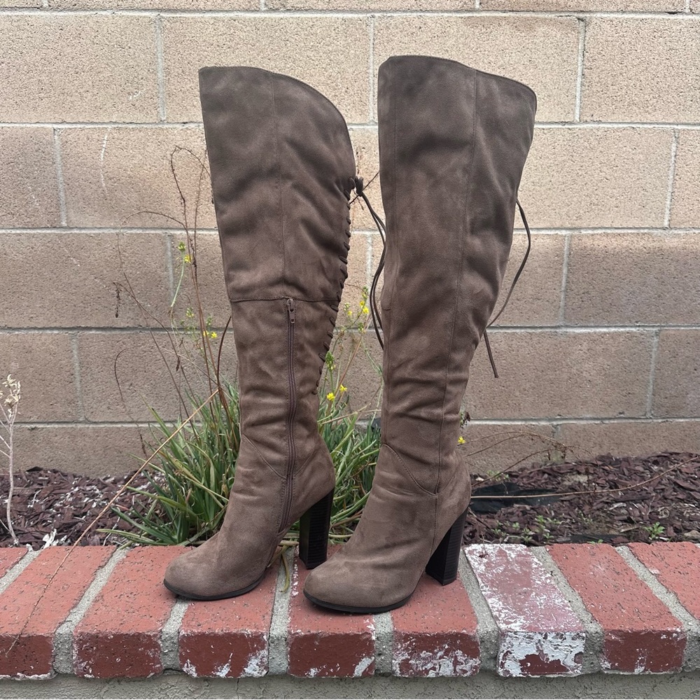 Taupe Suede Over-the-Knee Block Heel Boots – Size 7.5